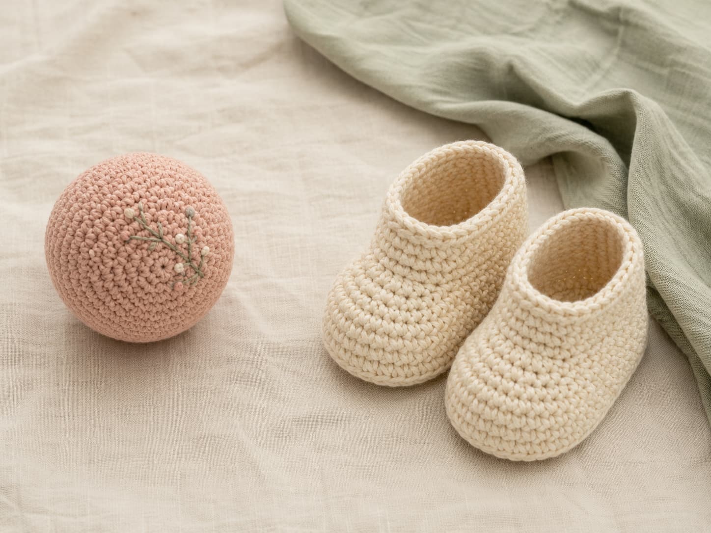 Embroidered blush crochet ball and warm-cream baby booties displayed without buttons, beads, bells, ties, or detachable decorations.