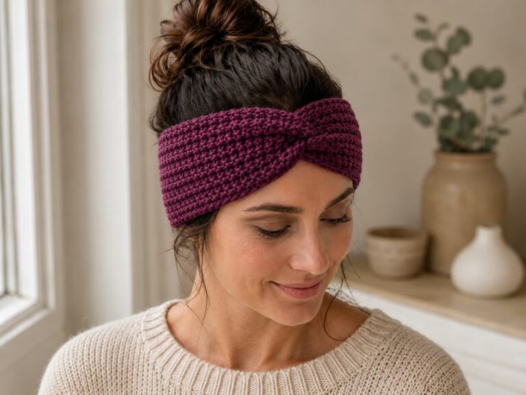 Adult woman wearing a plum-berry crochet twisted headband with a centered front twist in a warm neutral indoor setting.