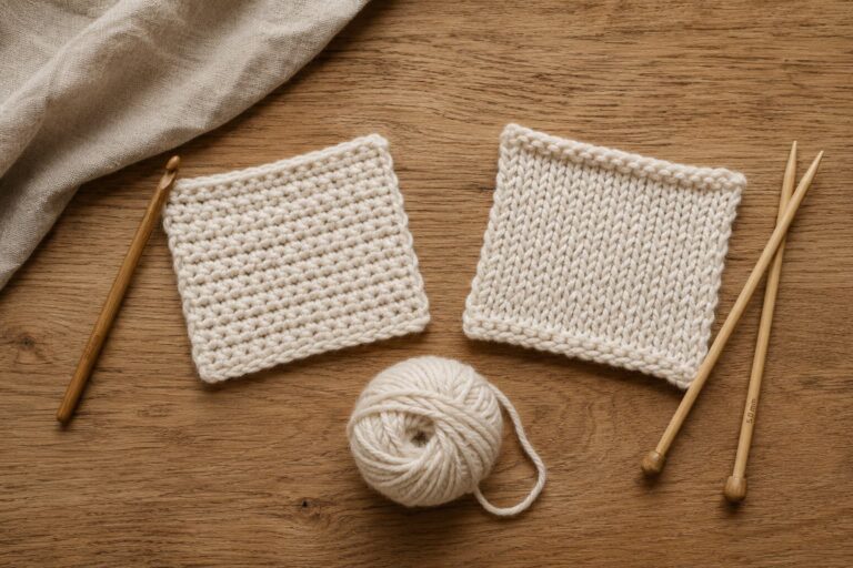 Cream crochet and knitting swatches arranged with a wooden crochet hook, bamboo knitting needles, and matching yarn on a warm wooden table.