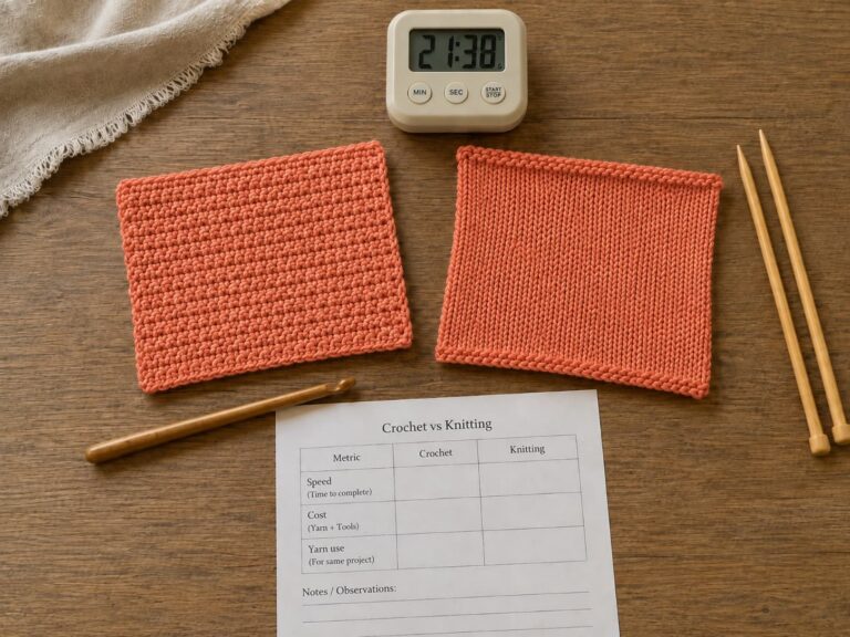 Warm-coral crochet and stockinette swatches beside a timer, wooden crochet hook, bamboo knitting needles, and a blank worksheet for comparing speed, cost, and yarn use on a warm wooden table.