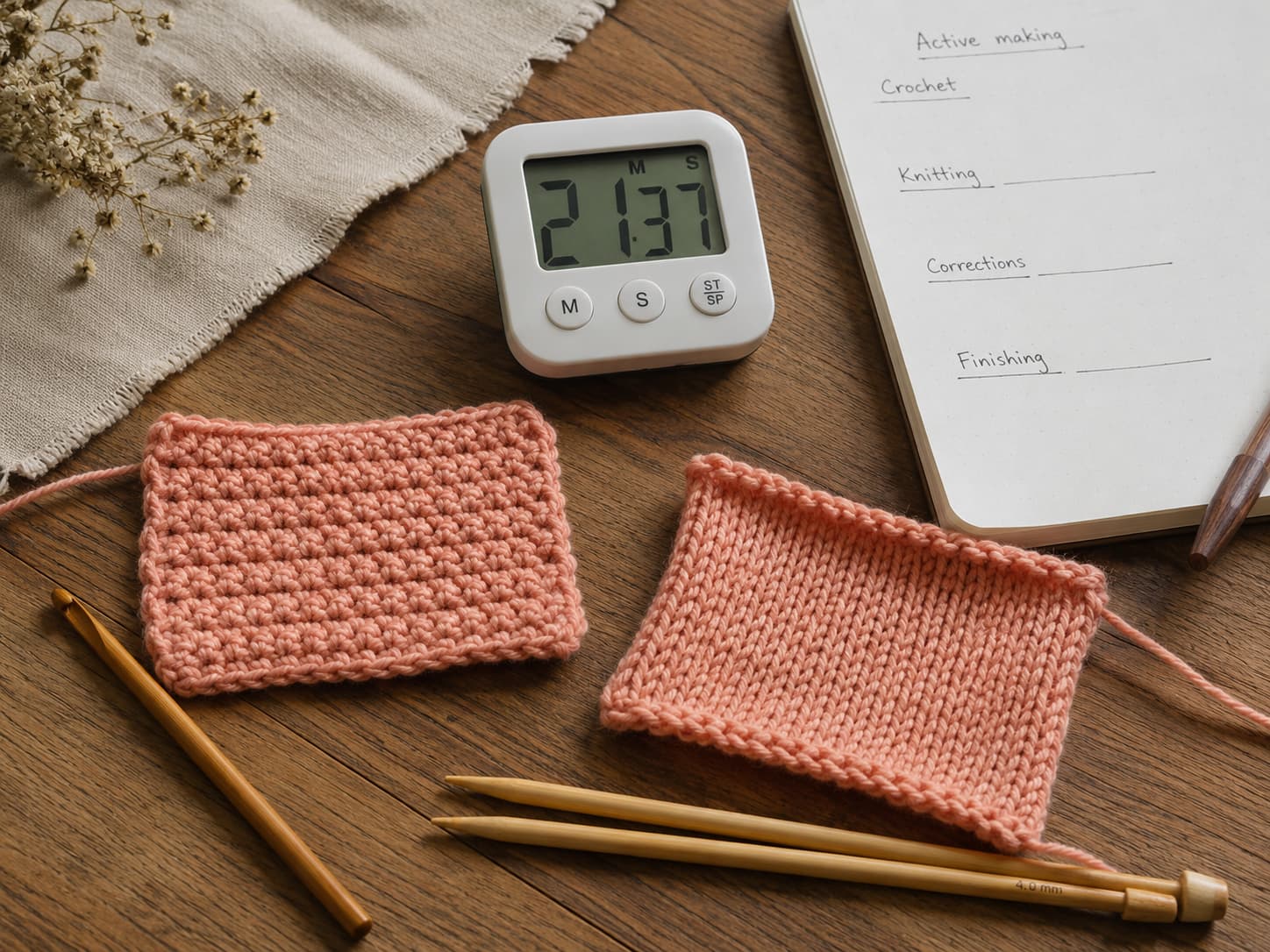 Warm-coral crochet and knitting swatches made from the same yarn beside matching yarn labels, a small scale, ruler, timer, and handwritten comparison notes on a light wooden table.