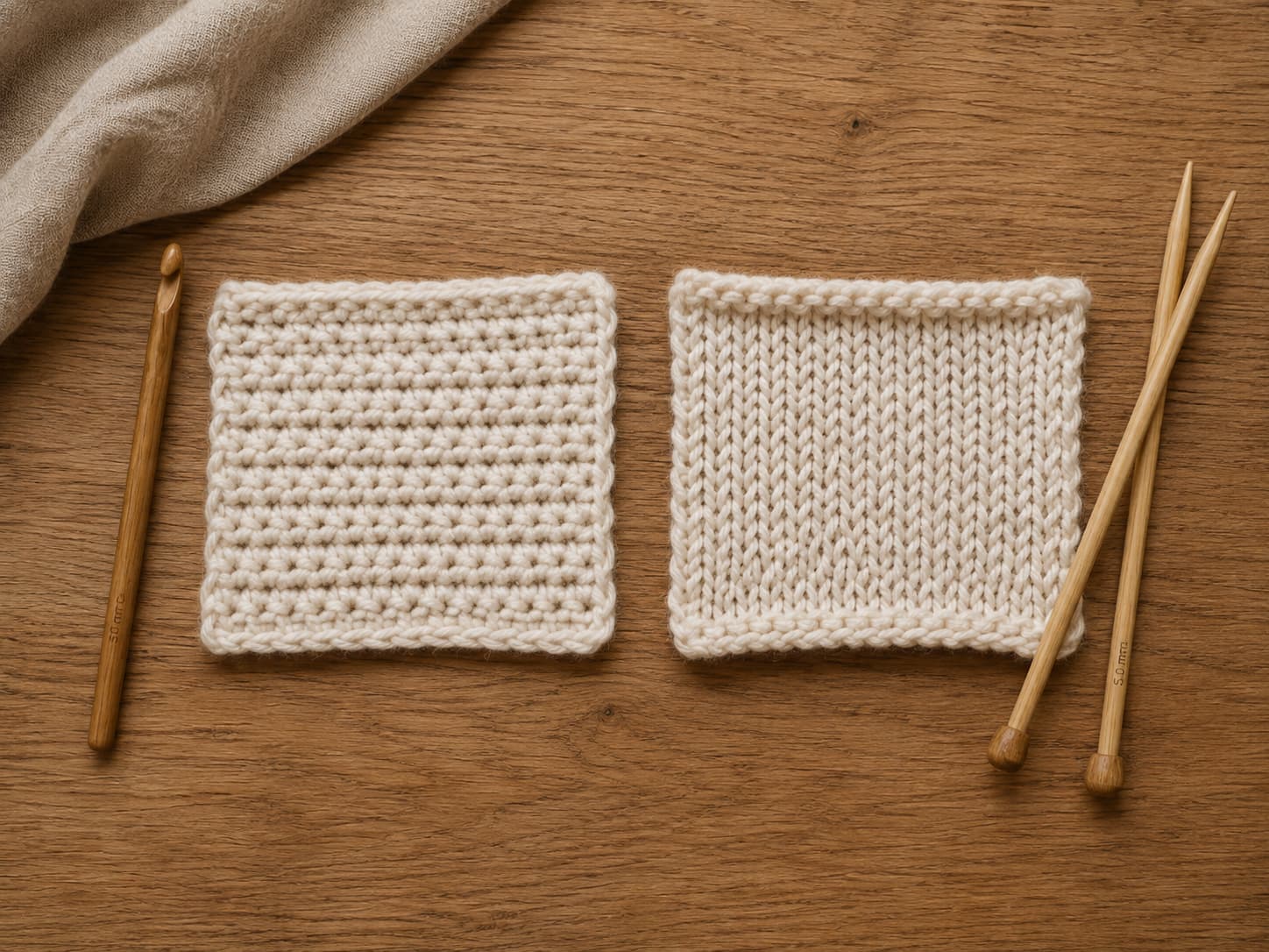 Crochet hook with a textured crochet swatch beside knitting needles with a smooth stockinette swatch, both made from similar cream yarn.