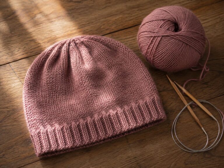 Dusty rose seamless knit beanie with a single-layer ribbed brim, matching yarn ball, and wooden circular knitting needles on a warm wooden table.
