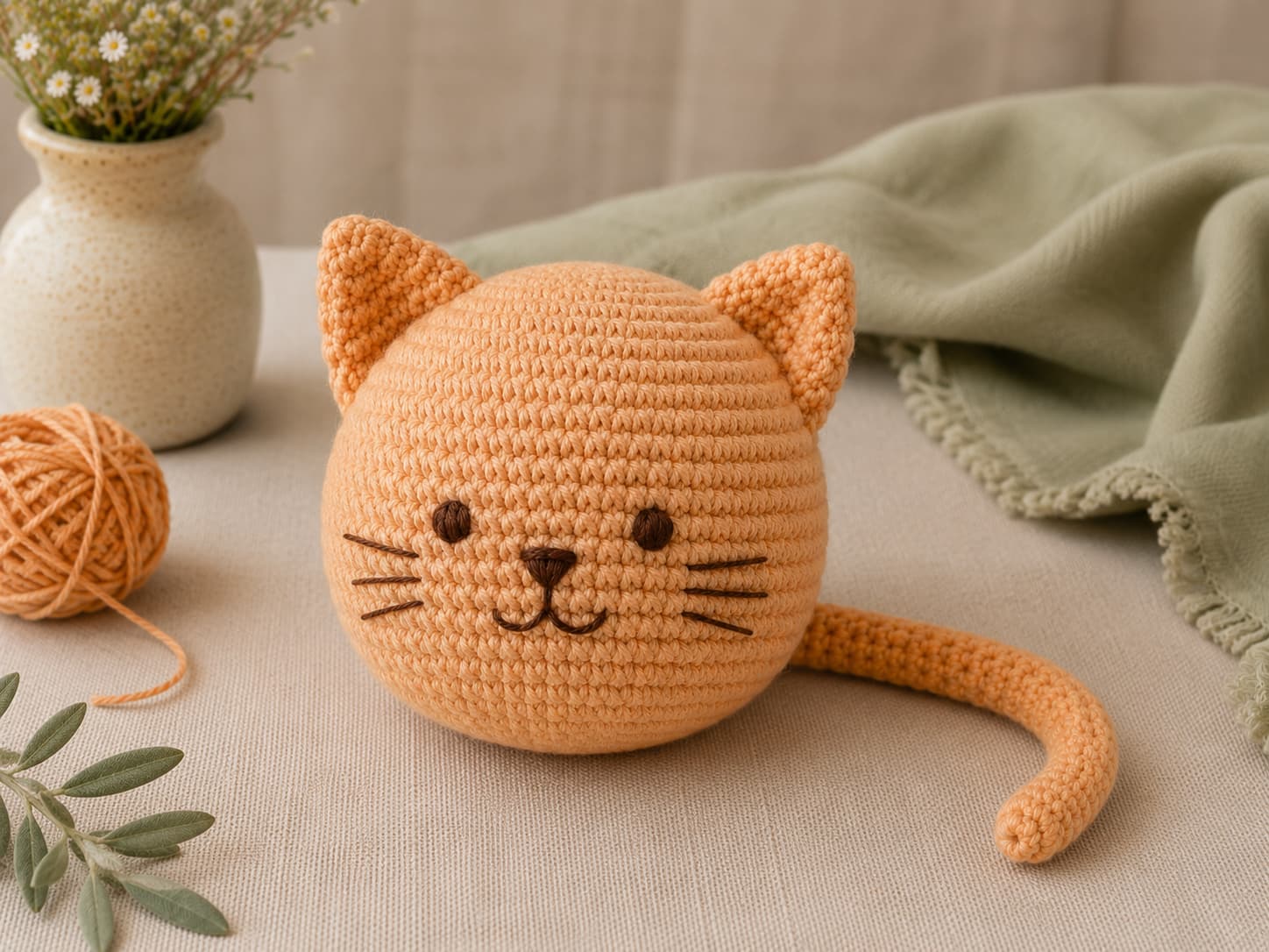 Finished apricot-ginger amigurumi cat with triangle ears, a slim crochet tail, and embroidered facial details on warm ivory linen beside muted sage fabric.