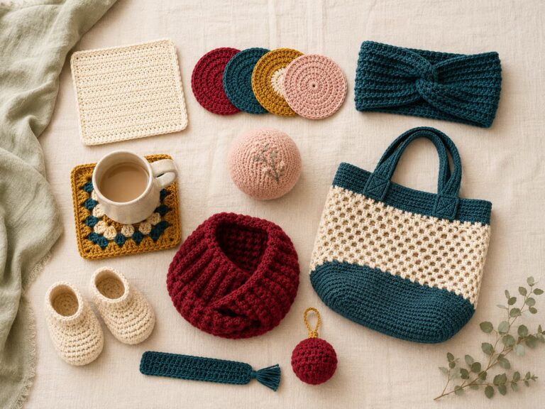 Ten easy crochet gifts including a warm-cream dishcloth, four-piece coaster set, peacock-teal twisted headband, granny-square mug rug, embroidered blush soft ball, teal-and-cream market bag, cranberry chunky cowl, warm-cream baby booties, teal bookmark, and crochet ornament arranged on warm ivory linen with muted sage accents.