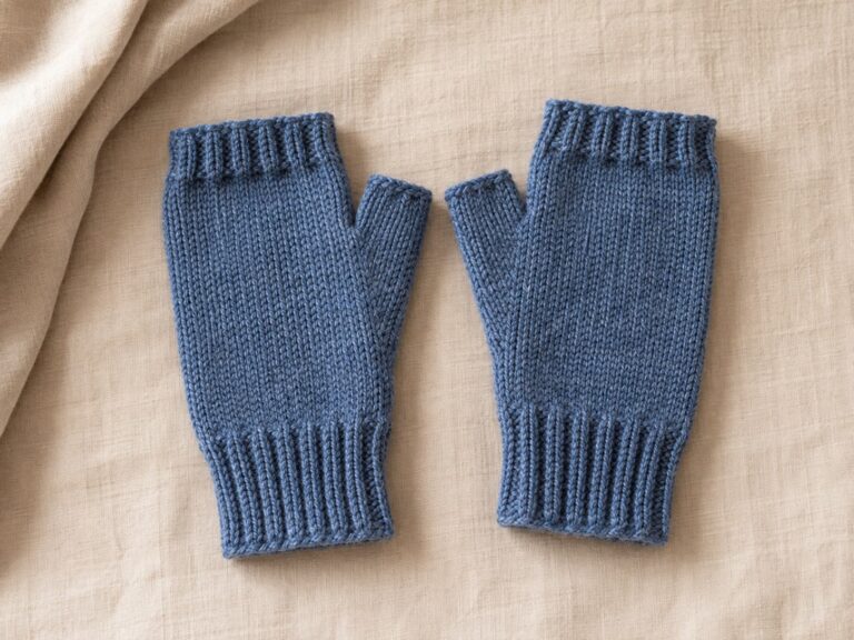 Finished pair of heathered denim-blue knit fingerless mitts with ribbed cuffs and shaped thumb openings laid flat on warm natural linen.