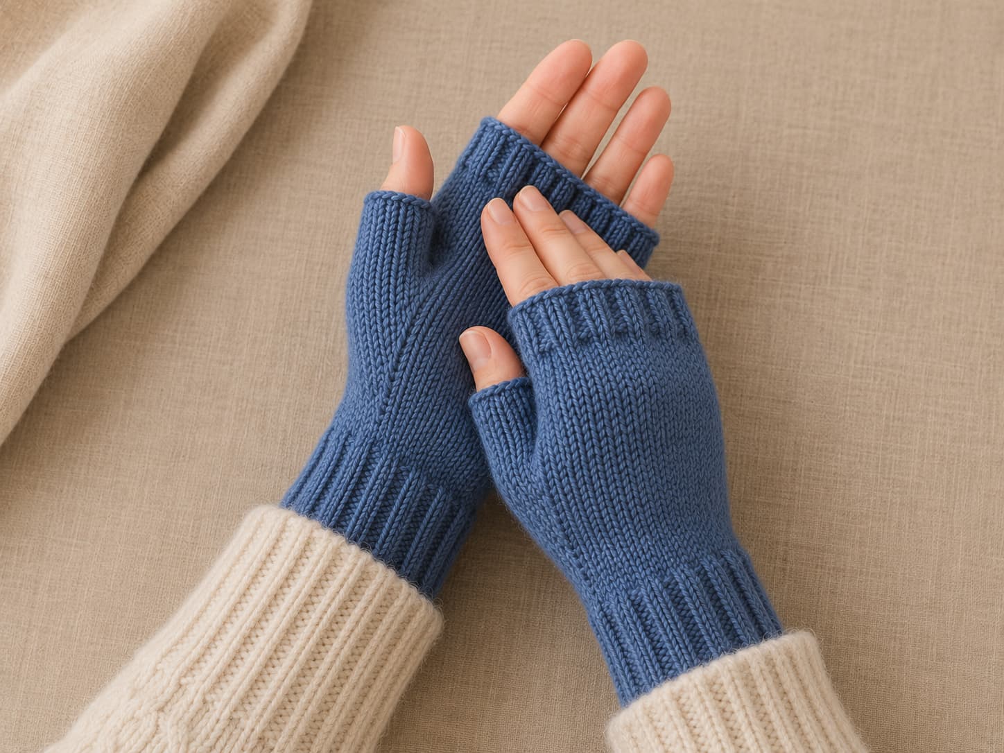 Finished pair of heathered denim knit fingerless mitts worn on both hands, showing even ribbing, balanced thumb placement, and a neat side seam.