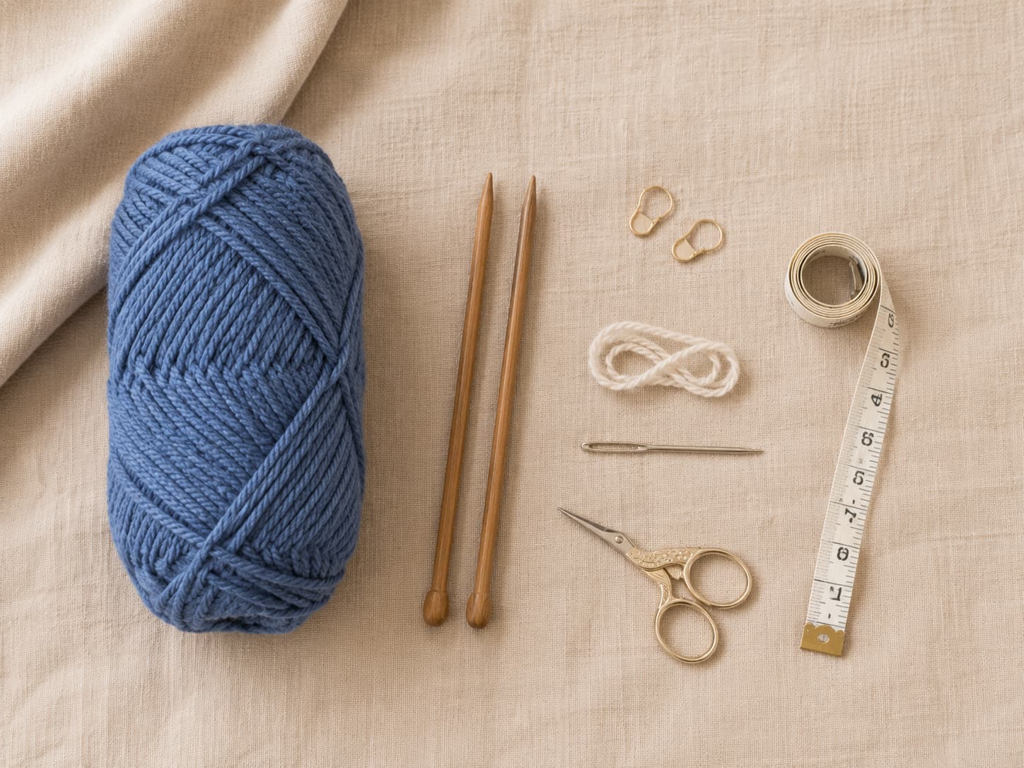 Worsted-weight heathered denim yarn with US 7 straight knitting needles, stitch markers, waste yarn, a tapestry needle, scissors, and measuring tape on natural linen.