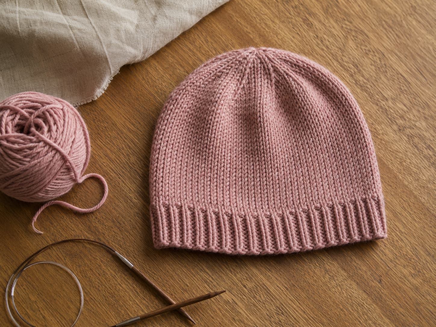 Finished dusty-rose seamless knit beanie with a single-layer 1×1 ribbed brim, smooth stockinette body, and rounded decrease crown beside circular needles on a warm wooden table.