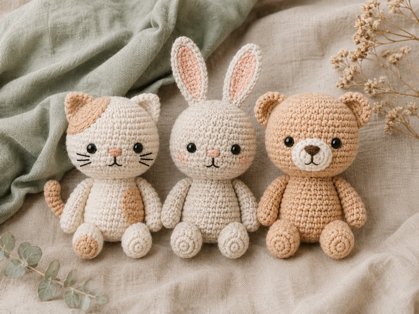 Finished crochet amigurumi animals showing balanced eye placement and neatly embroidered facial details on warm natural linen.