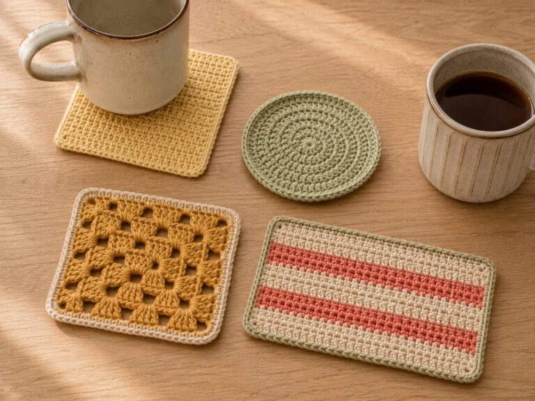 Finished crochet coaster set in pale yellow, muted sage, golden ochre, warm coral, and soft oatmeal styled with two ceramic cups on a light oak table.