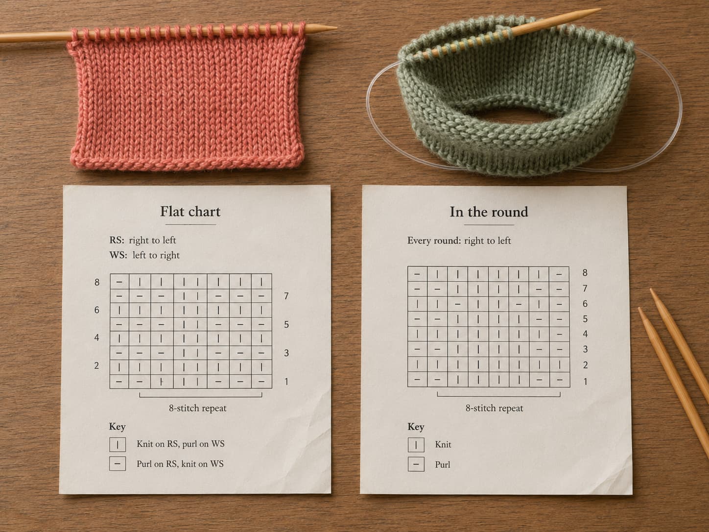 Flat and in-the-round knitting charts shown beside a warm-coral swatch on straight needles and a muted-sage tube on circular needles.