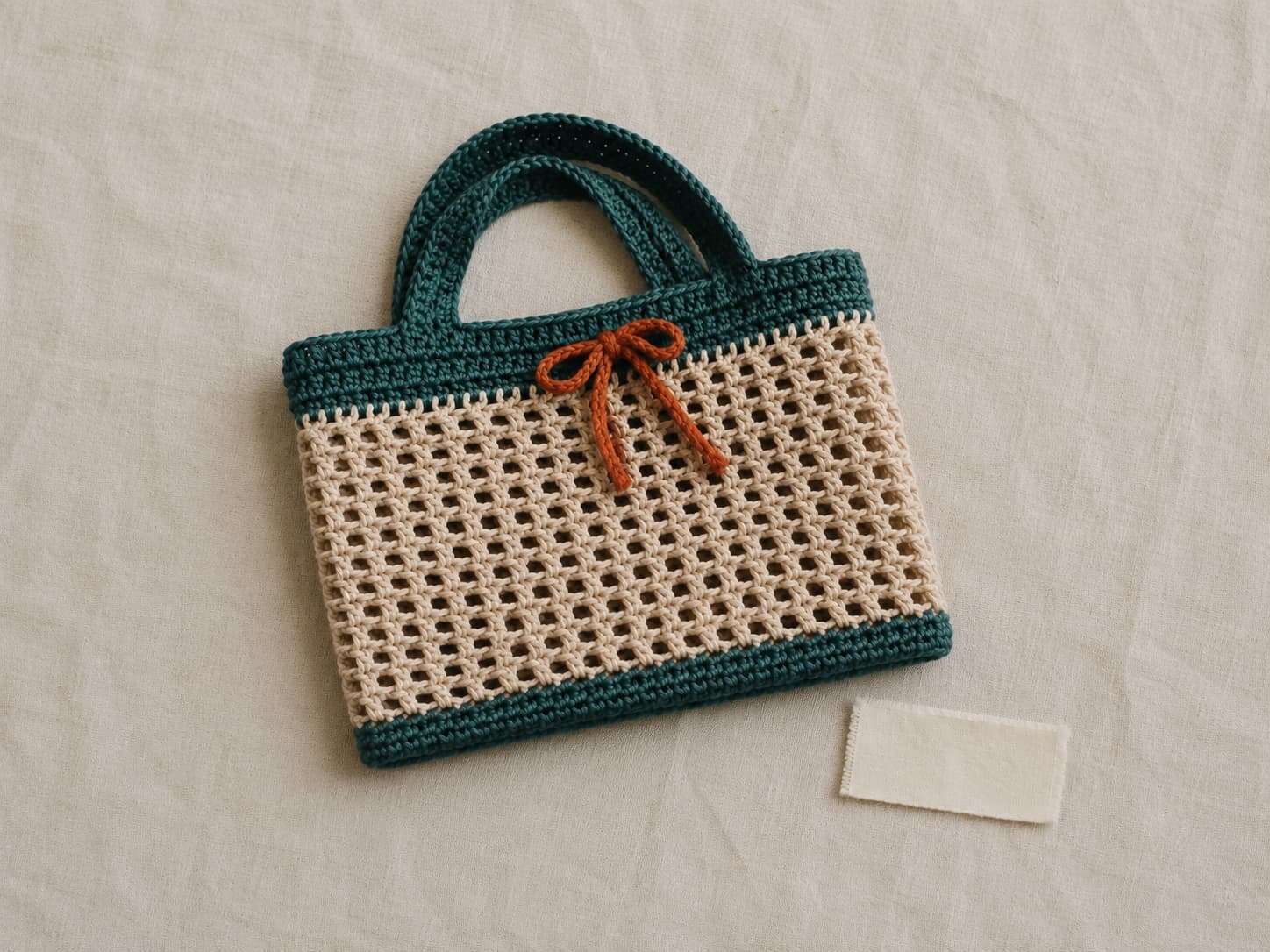 Washed and dried crochet market bag folded flat beside its care label, with deep jade-teal base and handles, warm-oatmeal mesh, and a small persimmon tie.