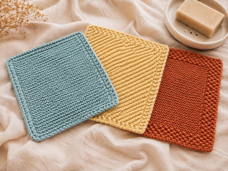 Three hand-knit cotton dishcloths in dusty aqua garter stitch, soft butter diagonal garter stitch, and warm terracotta seed-stitch border arranged on warm ivory linen beside a ceramic soap dish.