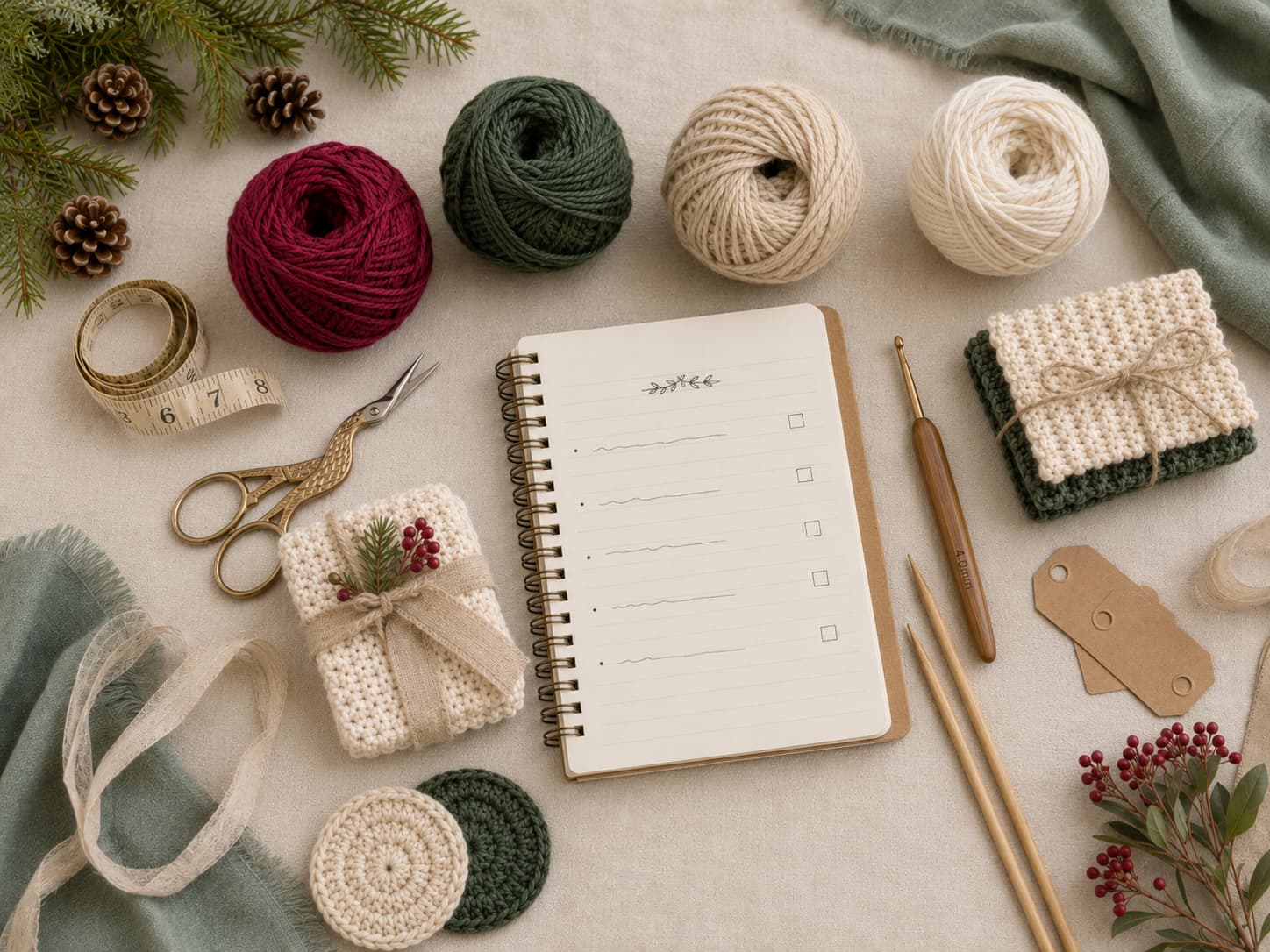 Notebook, yarn, measuring tape, scissors, and wrapped gift accents arranged in a coordinated handmade holiday palette.