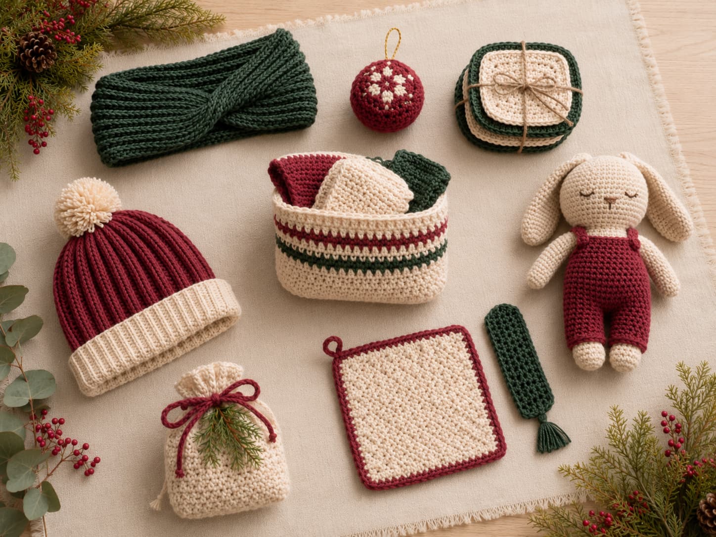 A curated set of handmade holiday gifts in evergreen, dusty berry, oatmeal, and warm ivory tones arranged on linen and wood.