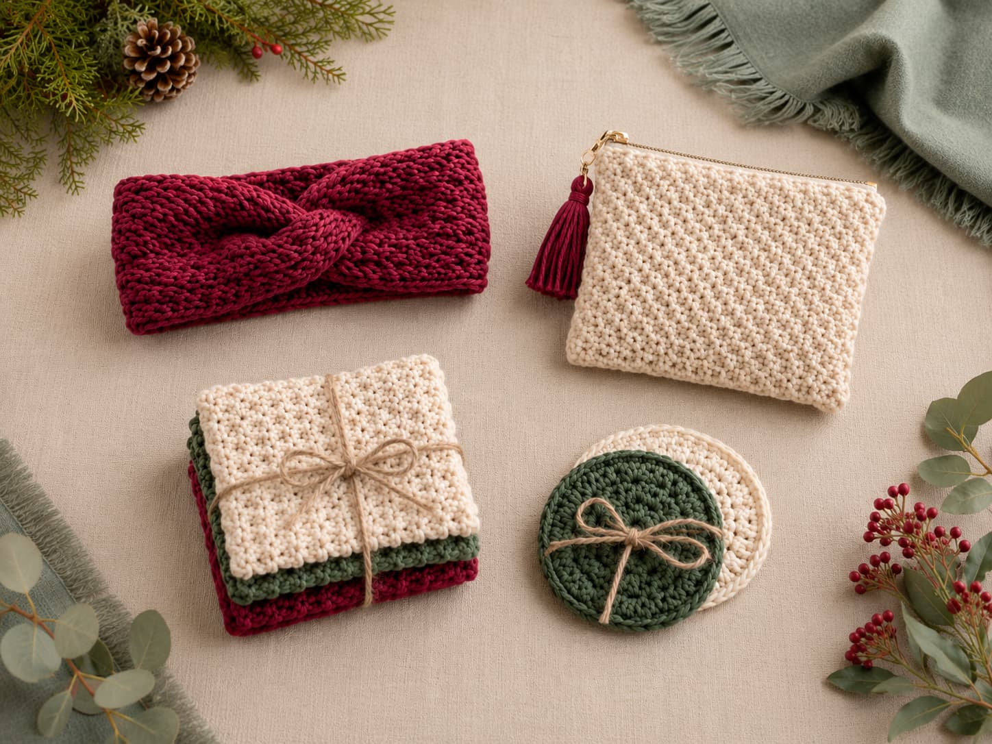 Soft handmade holiday gift ideas for her styled in dusty berry, warm ivory, and muted evergreen tones.