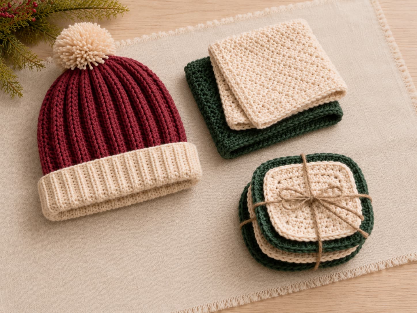 Simple handmade holiday gift ideas for him styled in deep evergreen, charcoal-neutral, and oatmeal tones.