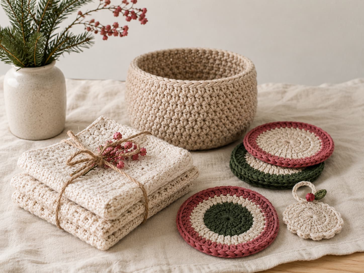 Handmade home gift ideas such as cloths, baskets, and small décor pieces arranged in soft holiday neutrals.