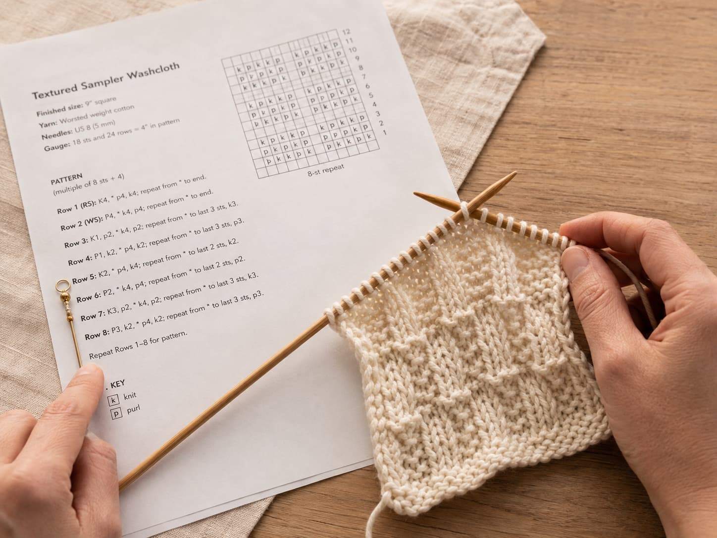 Hands knitting cream yarn while a finger and removable marker track the current line on a printed pattern.
