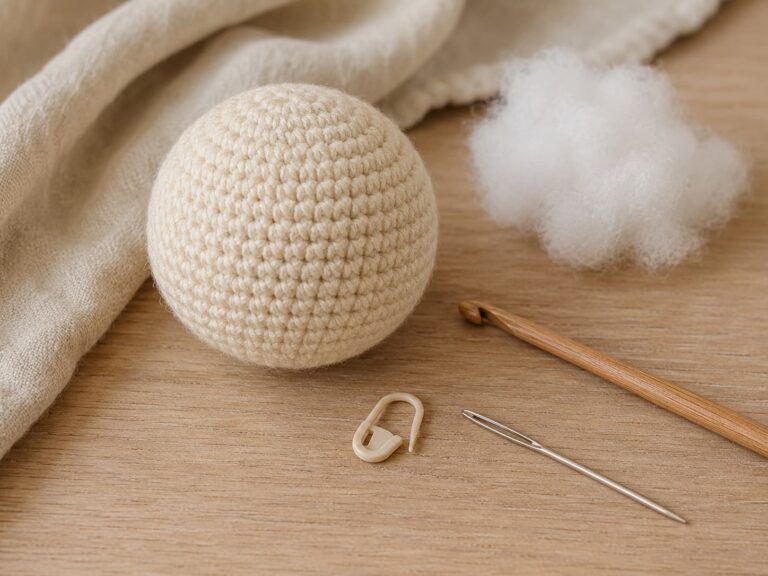 Finished cream crochet amigurumi ball beside a 3.5 mm wooden hook, locking stitch marker, tapestry needle, and fiberfill on a light wooden surface.