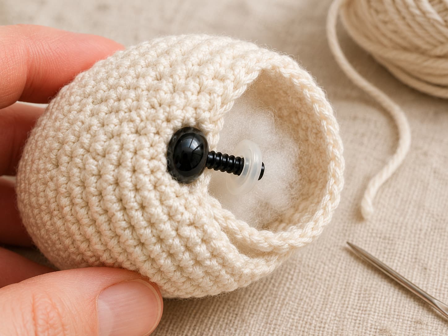 Close-up of a safety-eye post passing through crochet fabric with the locking washer positioned on the inside before stuffing is finished.