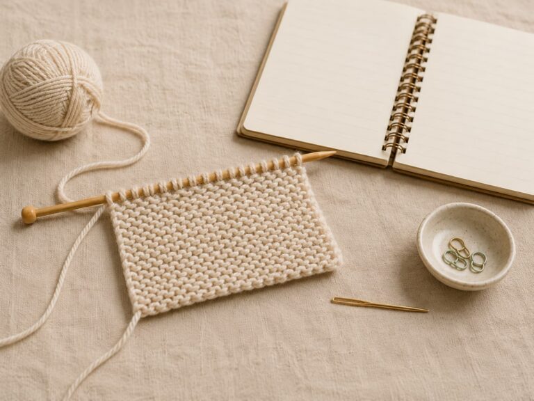 Beginner knitting setup with an oatmeal garter stitch swatch on wooden needles, smooth cream yarn, stitch markers, a tapestry needle, and an open blank notebook on warm linen.