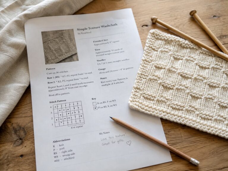 Printed knitting pattern with a cream knitted swatch, bamboo needles, and a pencil on a warm wooden table in soft natural light.
