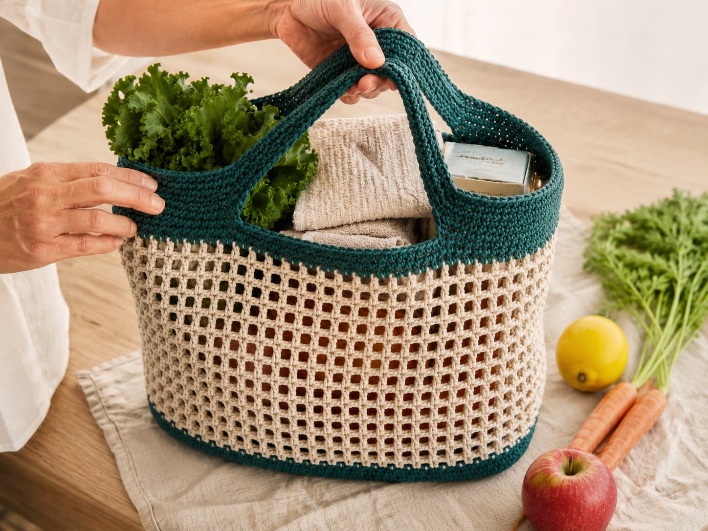 Finished jade and oatmeal crochet market bag being tested gradually with folded towels, boxed pantry items, and produce while the handle joins are inspected.