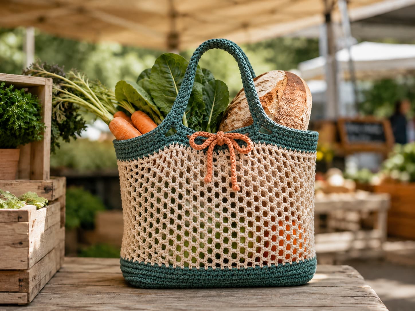 Reusable crochet market bag with a deep jade-teal cotton base and handles, warm-oatmeal mesh body, and a small persimmon drawstring accent holding bread and produce at an outdoor market.