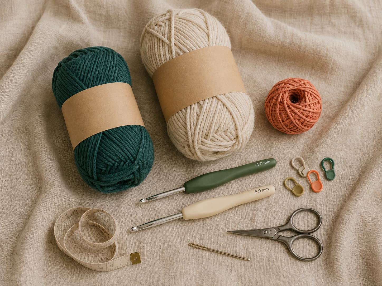 Deep jade-teal and warm-oatmeal medium-weight cotton yarn, a small persimmon yarn ball, 4.0 mm and 5.0 mm crochet hooks, markers, scissors, tape measure, and tapestry needle on natural linen.