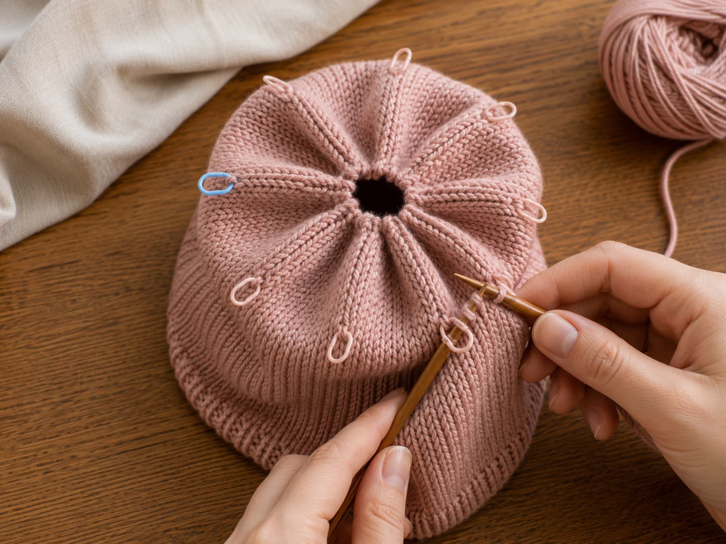 Dusty-rose knit hat crown on circular needles with eight clearly spaced sections and a knit-two-together decrease positioned before each marker.