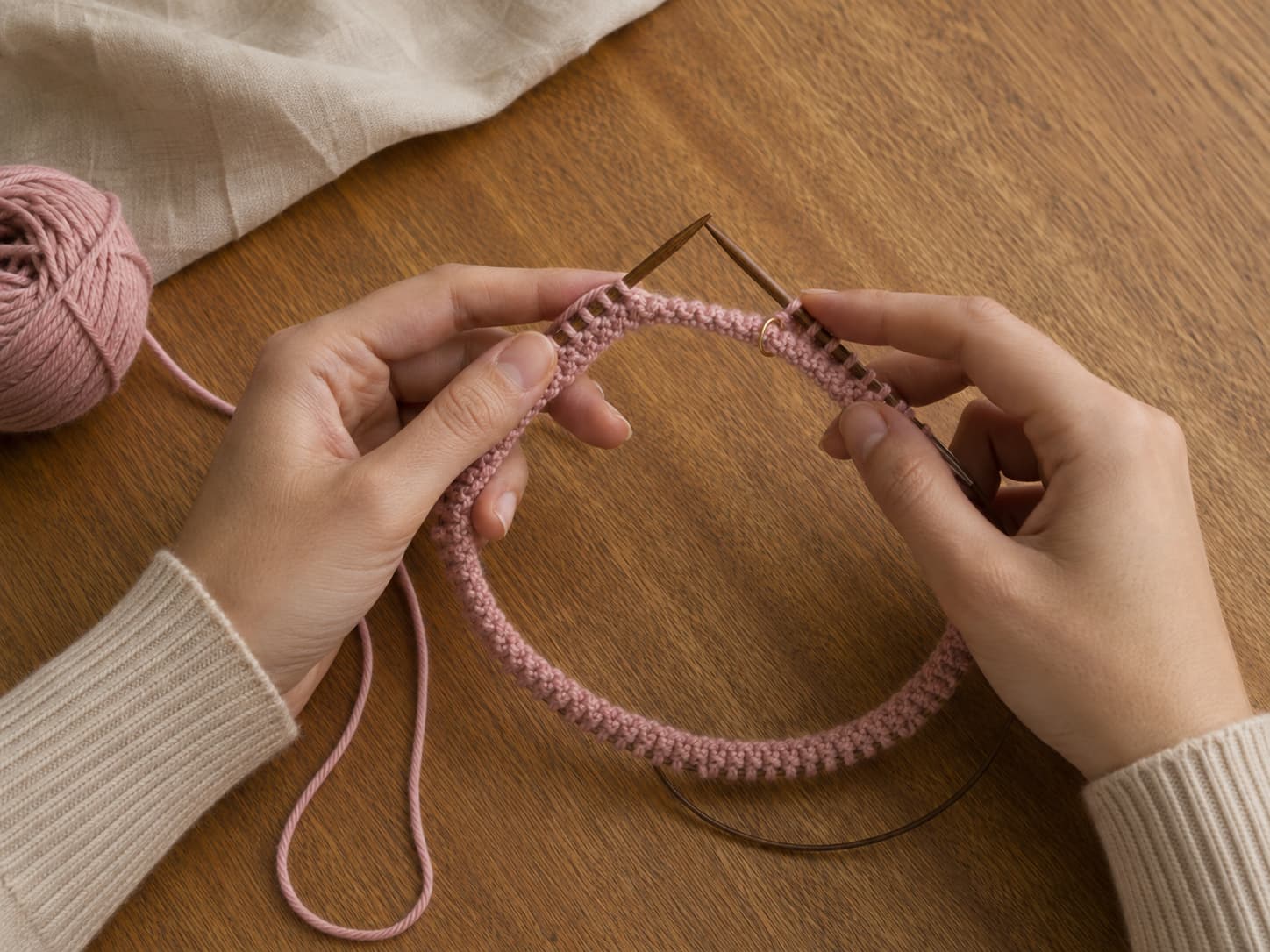 Dusty-rose cast-on stitches arranged evenly around a 16-inch circular needle with the lower edge facing the center before joining the hat in the round.