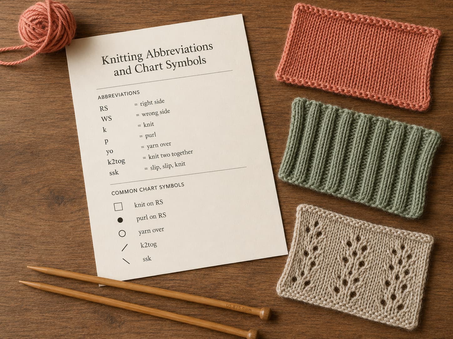 Printed knitting abbreviation key and chart beside a warm-coral swatch, a muted-sage swatch, bamboo needles, and a soft-oatmeal swatch on a warm wooden table.
