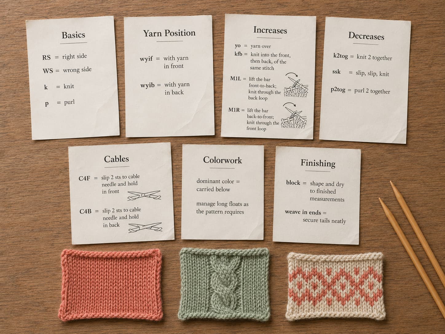 Knitting reference pages organized into basics, yarn position, increases, decreases, cables, colorwork, and finishing beside small warm-coral, muted-sage, and oatmeal swatches.
