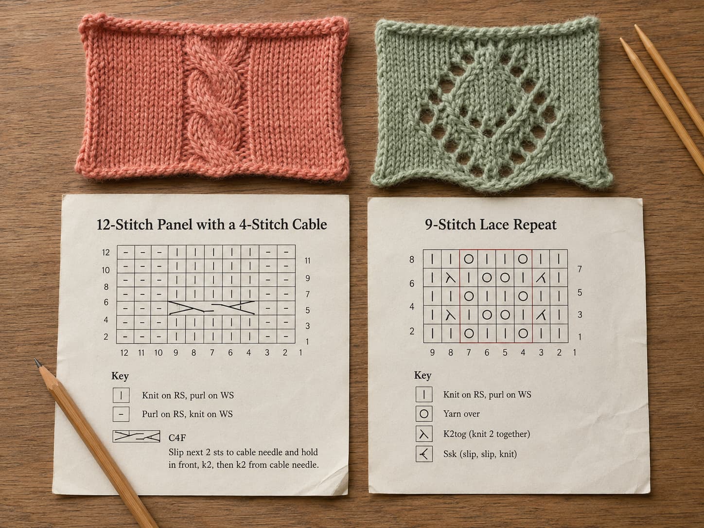 Cable chart and lace chart shown beside a warm-coral cable swatch and a muted-sage lace swatch with repeat borders and row markers visible.