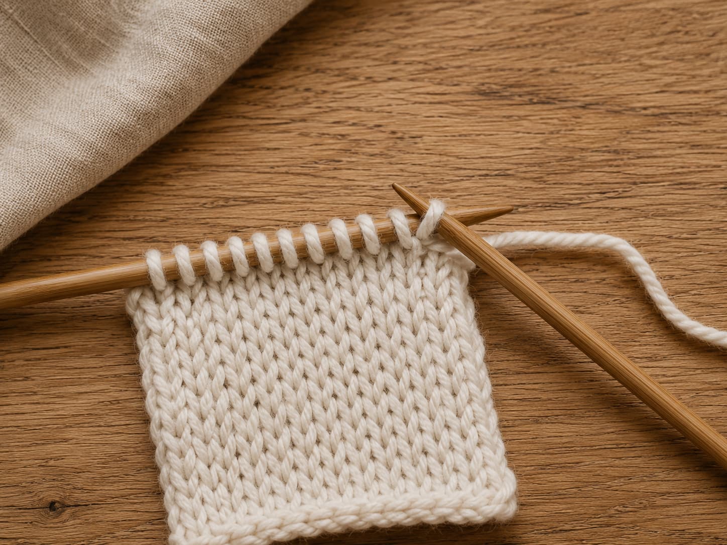 Close-up of multiple live cream stitches held across two bamboo knitting needles.