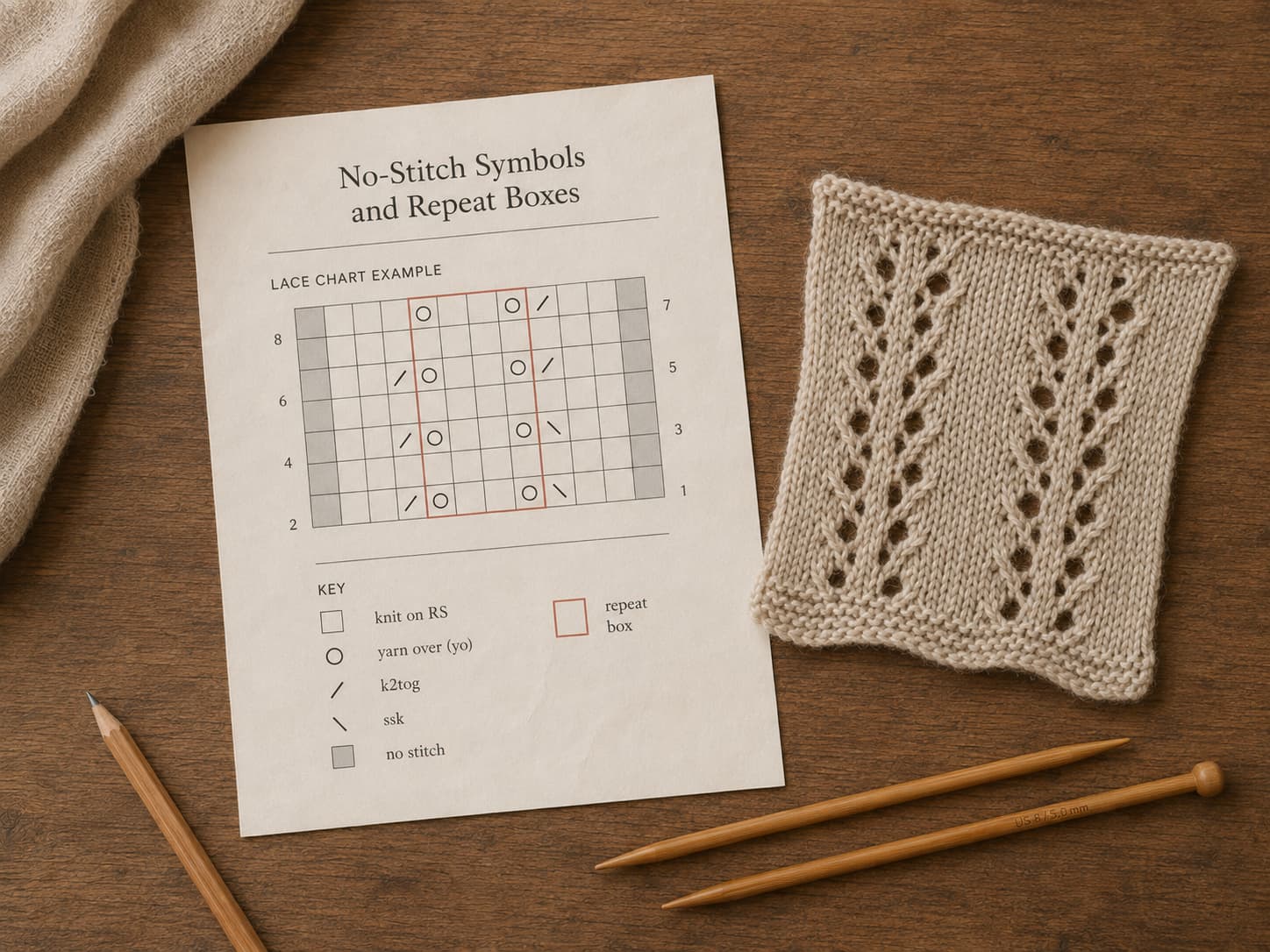 Close-up knitting chart showing a shaded no-stitch area, bold repeat box, row numbers, and a removable tracking strip beside a soft-oatmeal swatch with subtle warm-coral highlights.