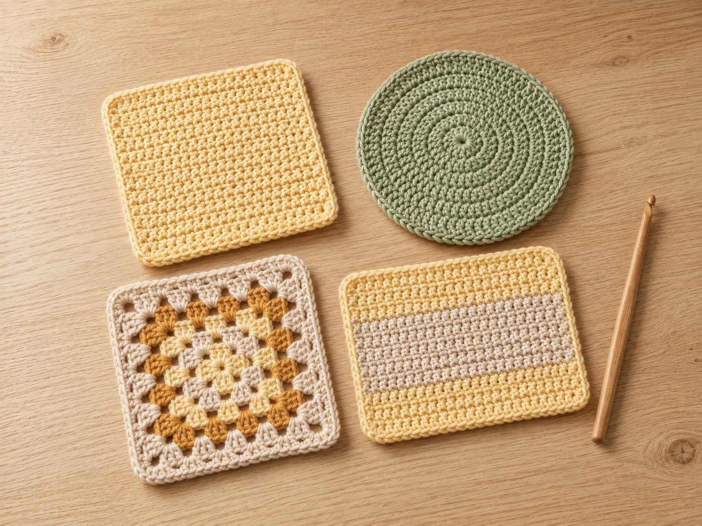 Four beginner crochet coasters in warm coral, muted sage, golden ochre, and soft oatmeal arranged together on natural linen.
