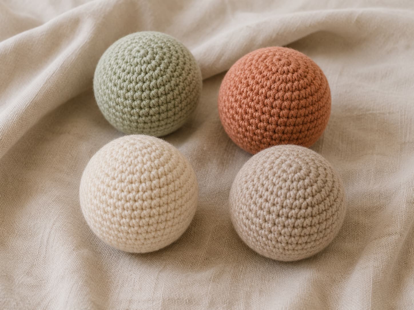 Three finished crochet balls in cream, sage, and dusty rose showing small color and size variations.