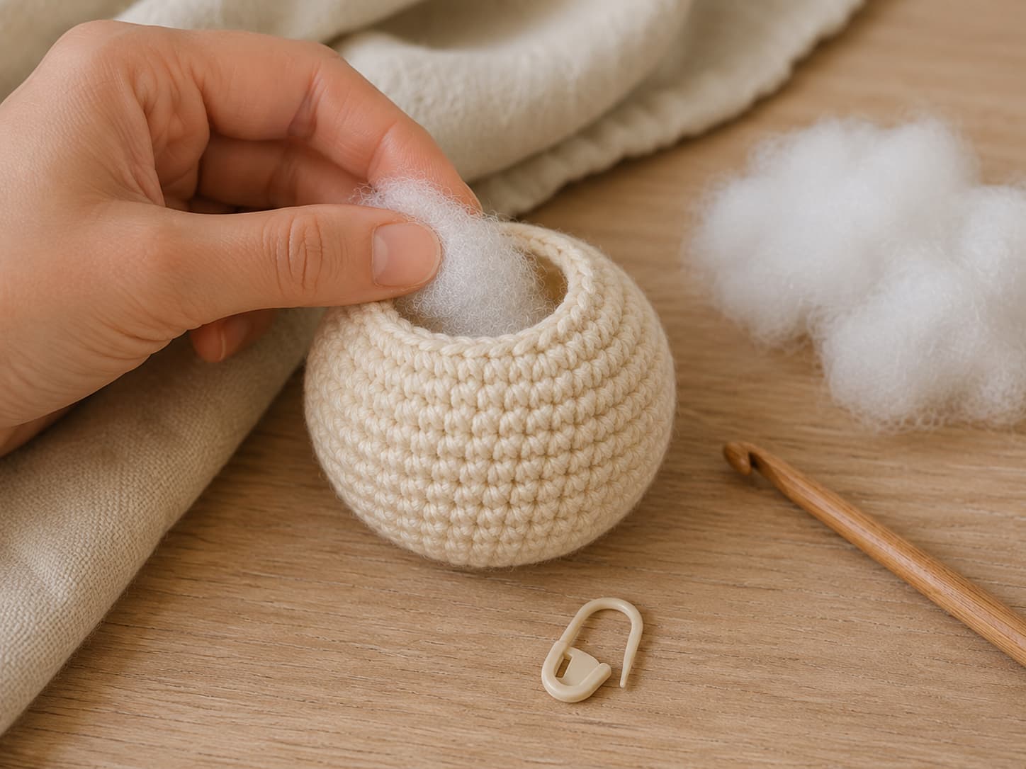 Partly closed cream crochet ball being filled with small pieces of polyester fiberfill while a stitch marker remains in place.