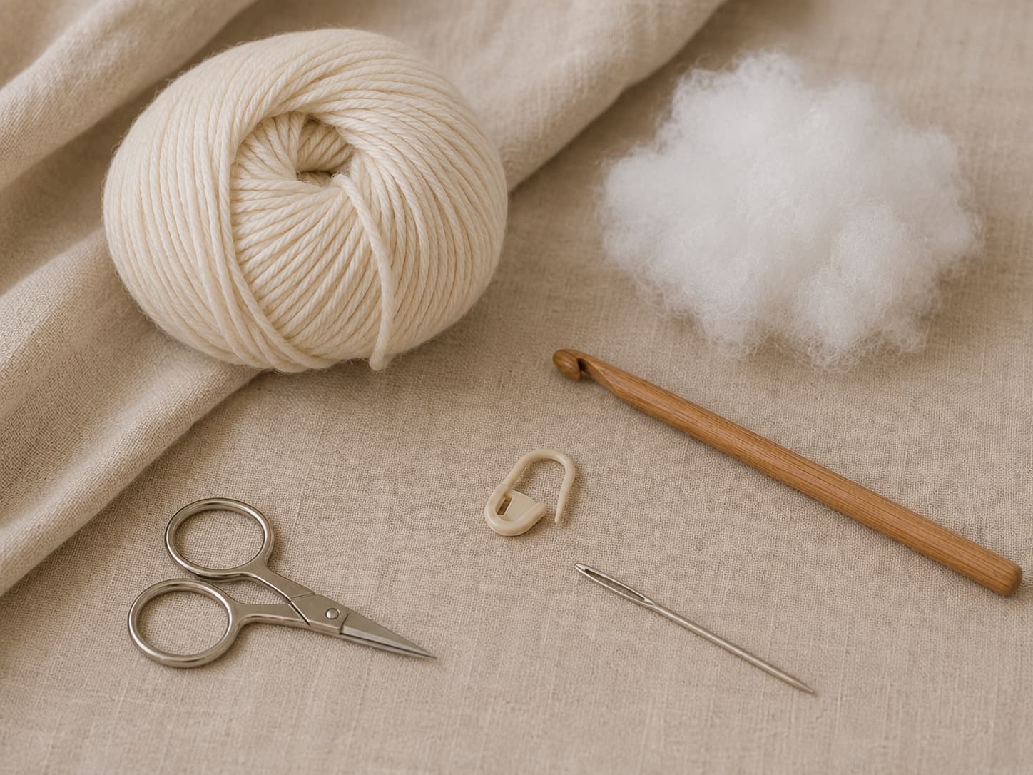 Light worsted yarn, a small crochet hook, locking markers, polyester fiberfill, scissors, and a blunt tapestry needle arranged on linen.
