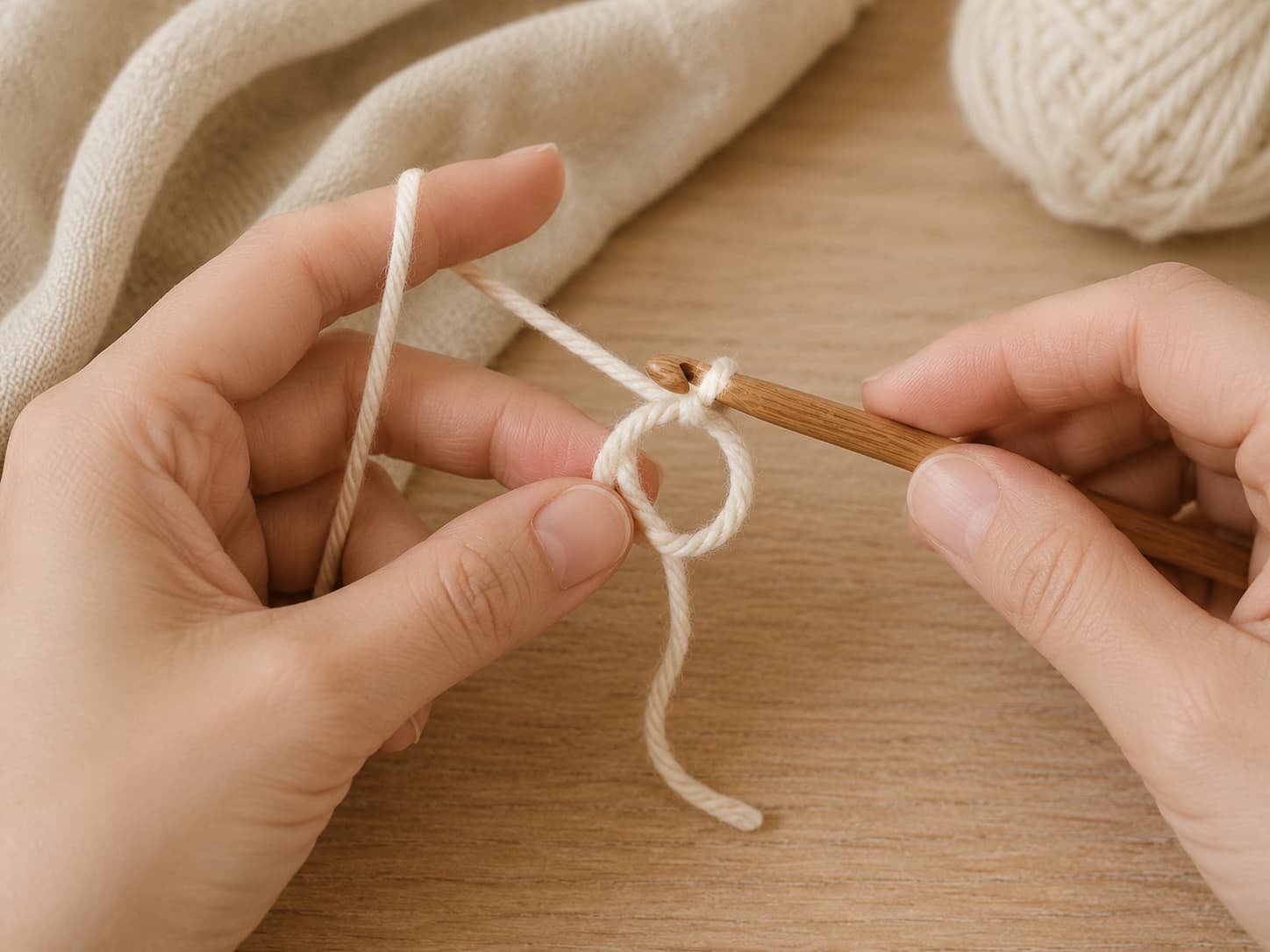 Hands forming an adjustable magic ring with cream yarn and a small crochet hook.