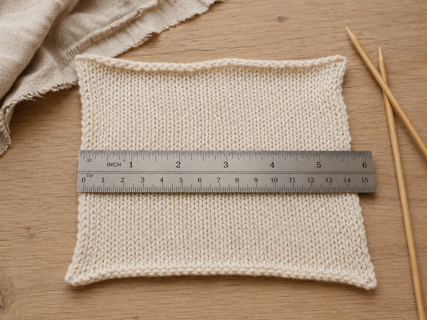 Blocked stockinette gauge swatch measured across the center with a rigid ruler and knitting needles resting nearby.