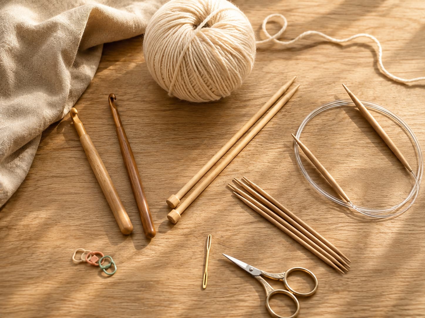 Flat lay of crochet hooks and knitting needles in several materials and sizes beside yarn, a tape measure, and stitch markers on a warm wooden surface.