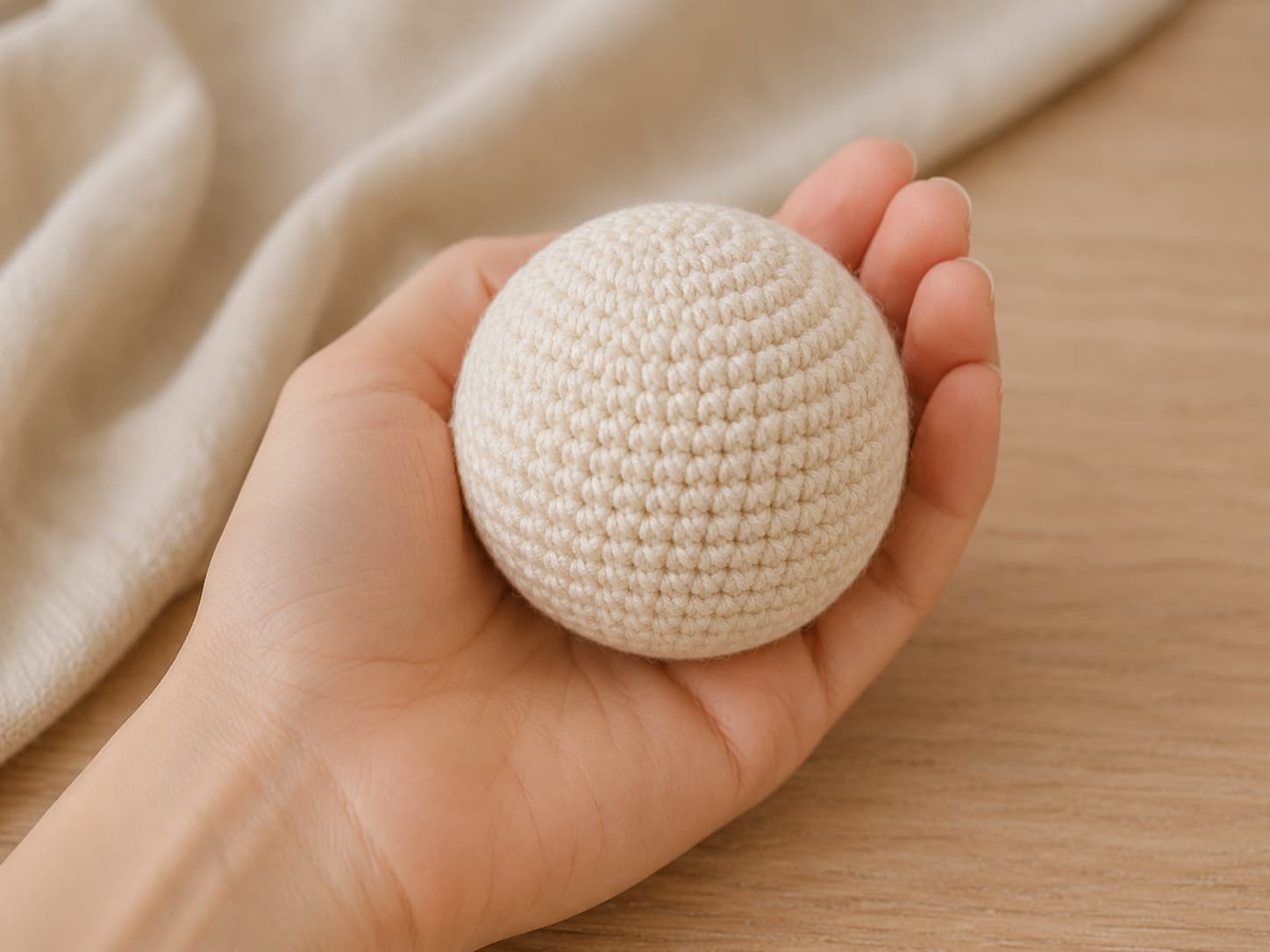 Finished cream crochet amigurumi ball held in an open hand to show its small size and even surface.