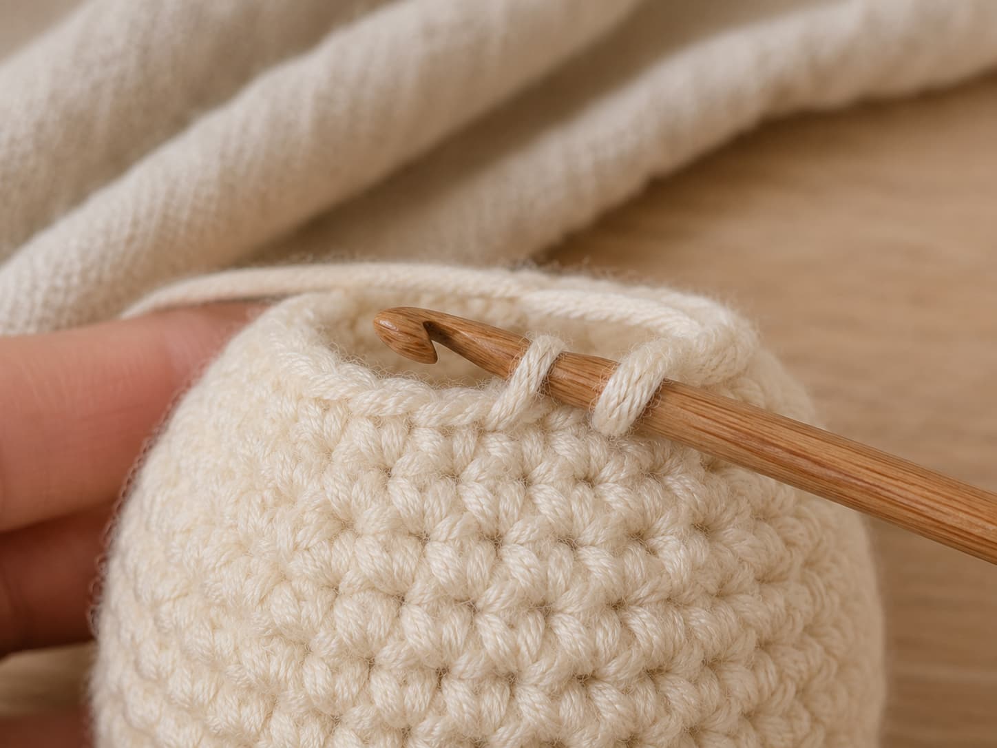 Crochet hook inserted through the front loops of two adjacent stitches to begin an invisible decrease.