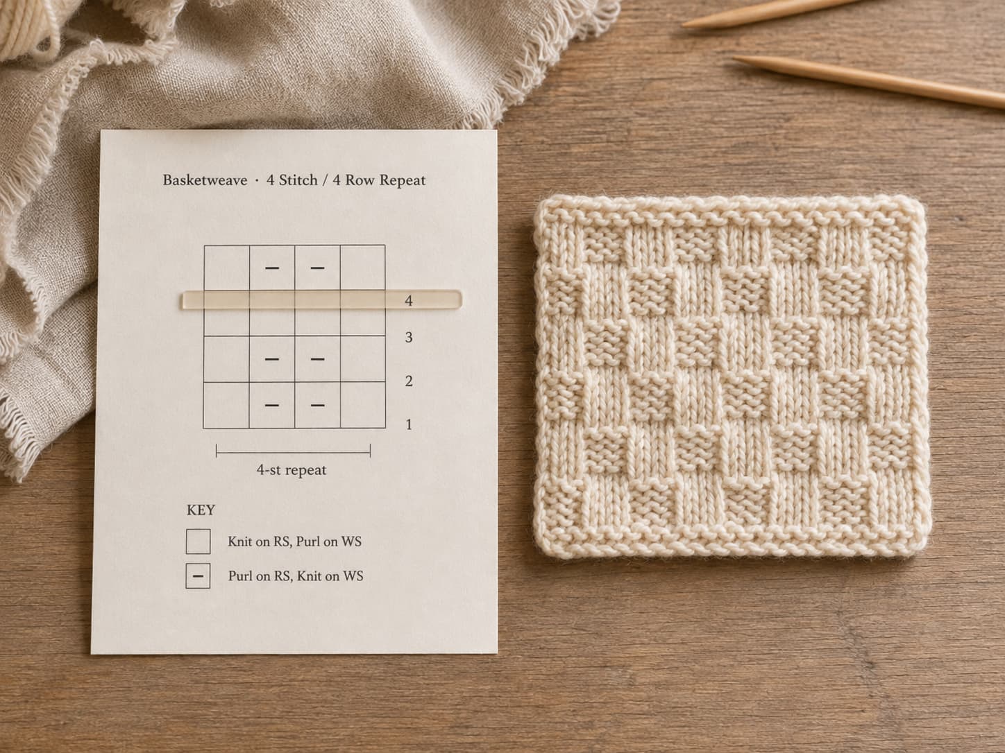 Knitting chart beside the textured swatch it represents, with a removable row marker aligned to the current chart row.