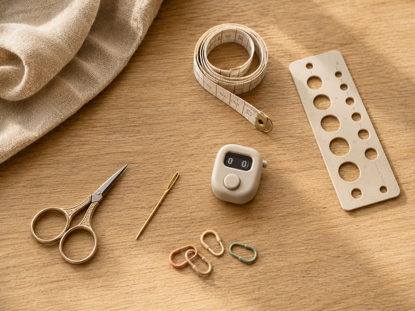 Small scissors, blunt tapestry needles, locking stitch markers, a flexible tape measure, row counter, and needle gauge arranged on linen.