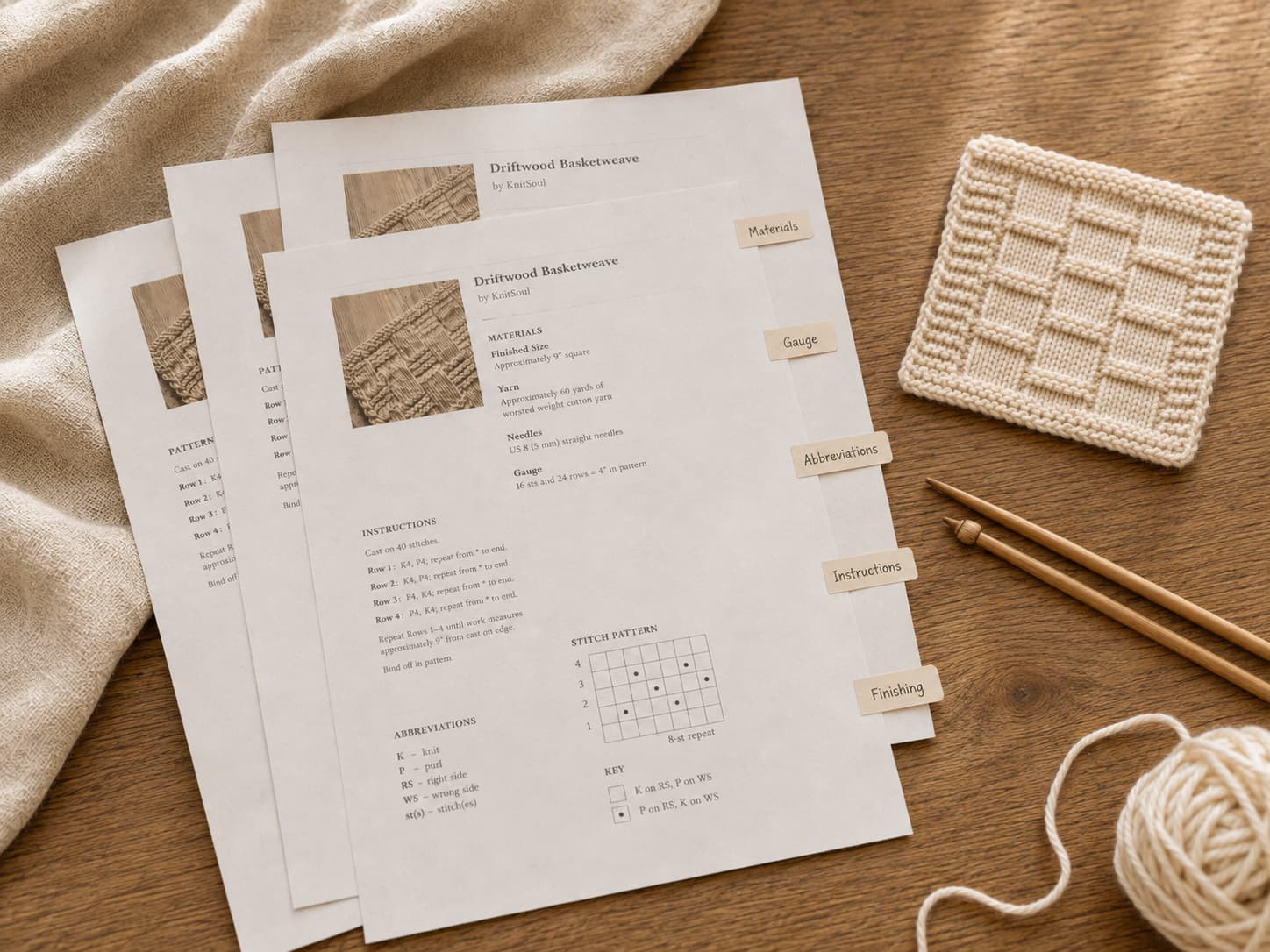 Knitting pattern pages arranged beside yarn, needles, a gauge swatch, and removable page tabs marking the materials, gauge, abbreviations, instructions, and finishing sections.